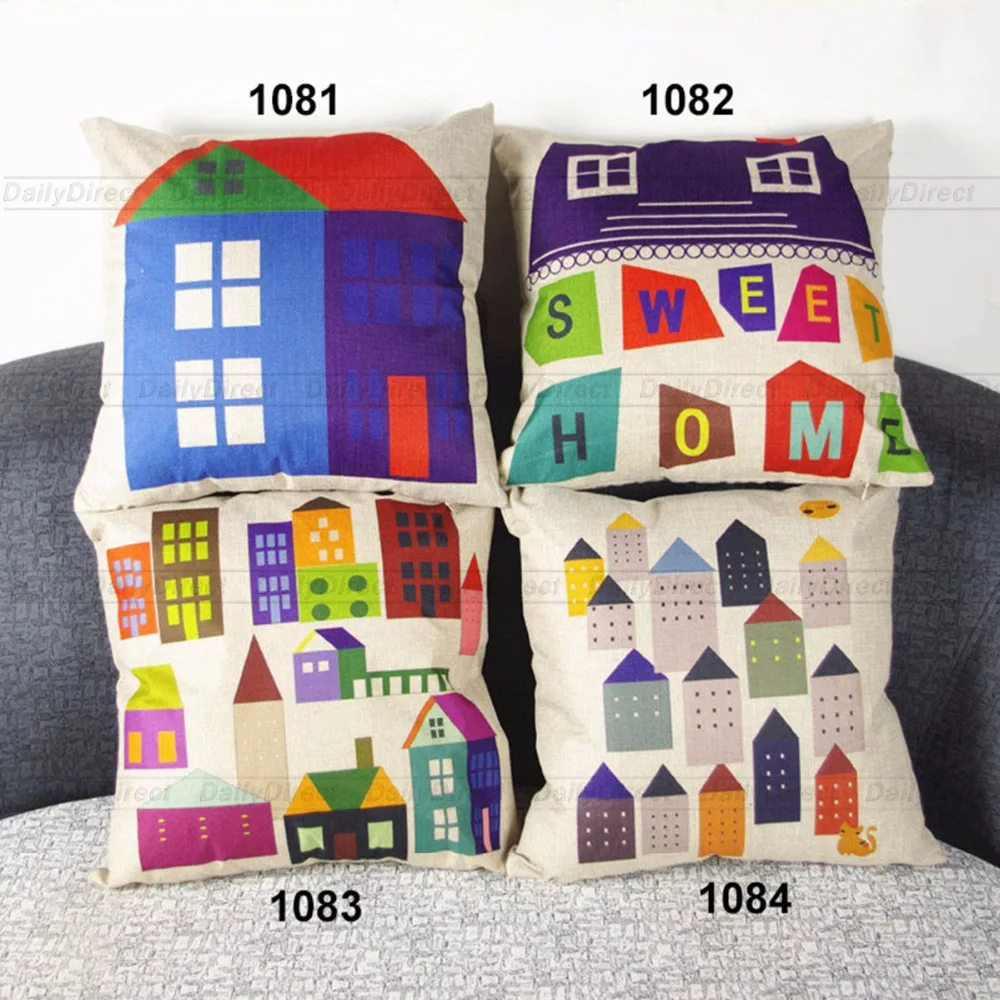 

Various Vintage Pillow Cover Cartoon Houses Composite Linen Cushion Case 42x42cm 16.5x16.5" Scatter Cushion Sofa Car Seat Case