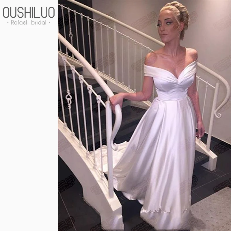 

Cheap Ivory A Line Wedding Dresses 2019 Modern V Neck Off The Shoulder Chapel Train Satin Formal Bridal Dresses Gowns Under 100