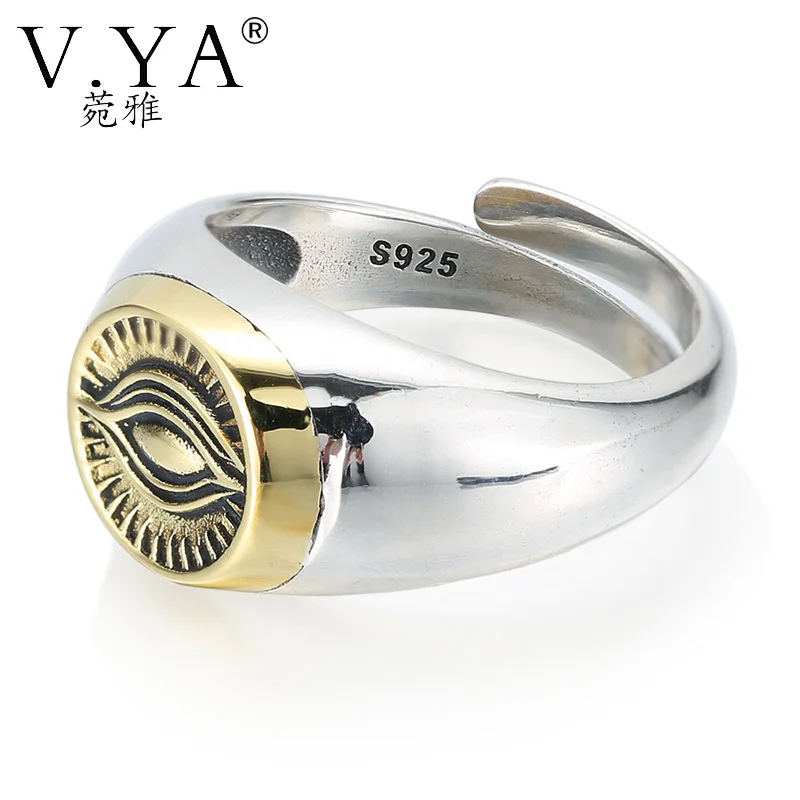 

V.YA 100% 925 Sterling Silver Ring Open Size Retro Thai Silver Ring Eye of Providence Rings for Men Women Ringent Finger Ring