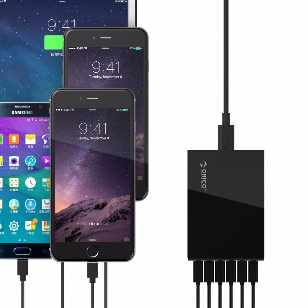 ORICO 6 منافذ الذكية شاحن لسطح المكتب 4x5V2. 4A منافذ و 2x QC2.0 سريعة شاحن يو اس بي الهاتف المحمول شاحن سامسونج هواوي فون