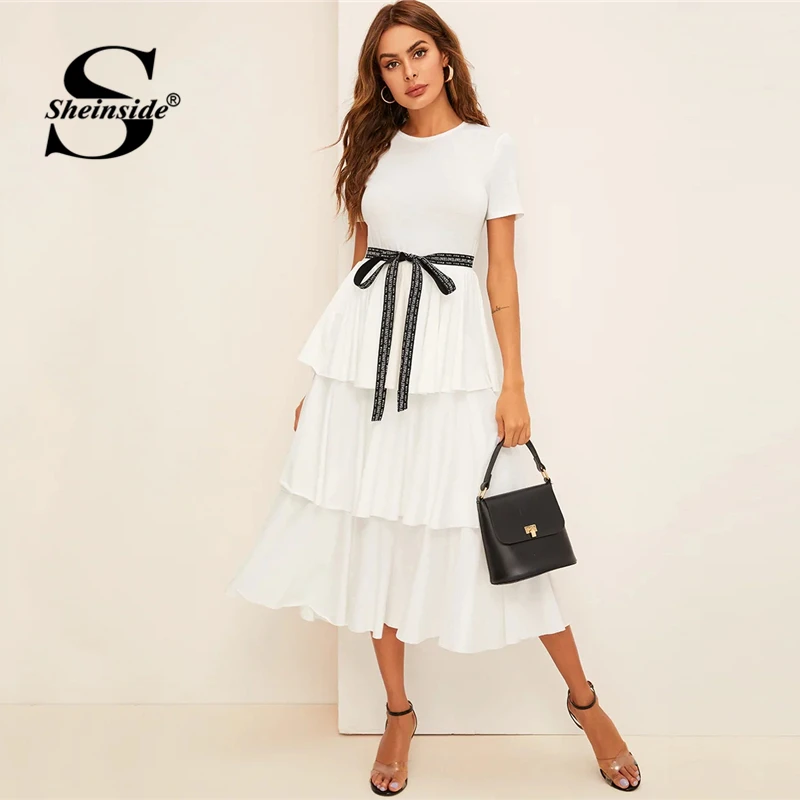 

Sheinside Elegant Layered Ruffle Hem Dress Women 2019 Summer High Waist A Line Dresses Ladies Bow Detail Patchwork Dress