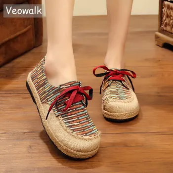 

Veowalk Harajuku Women Handmade Linen Cotton Lace up Flat Shoes Low Top Geometry Ladies Casual espadrilles Sneakers Shoes