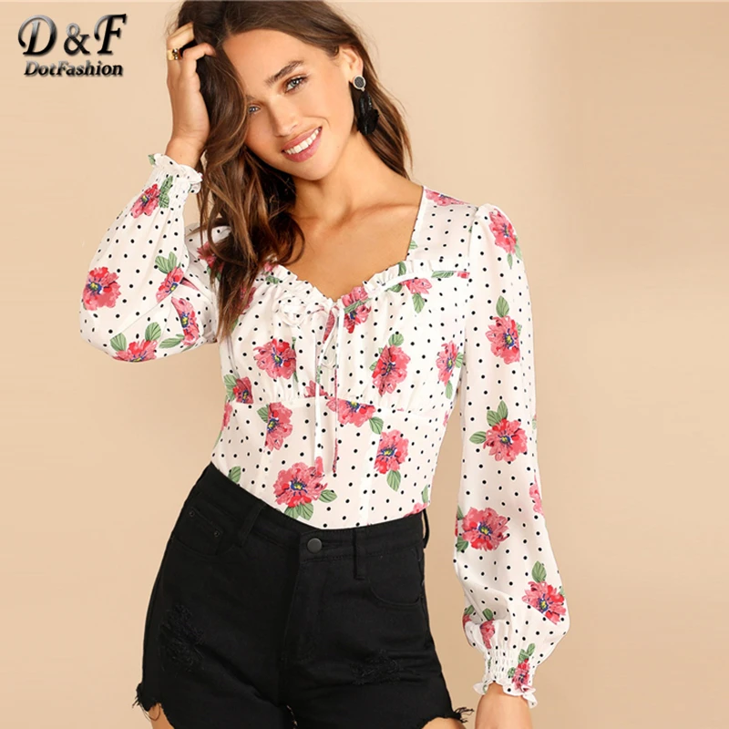 

Dotfashion White Polka Dot Floral Shirred Sleeve Womens Tops And Blouses 2019 Boho Spring Summer Bishop Sleeve Slim Fit Blouse