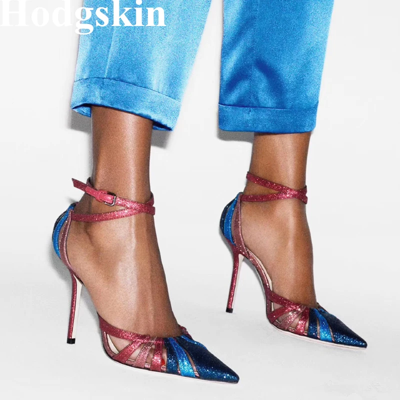 

2019 New Patchwork Sequin Thin High Heel Women Shoes Sexy Hollow Fashion Pointed Toe Sandals Female Buckle T-stage Shoes