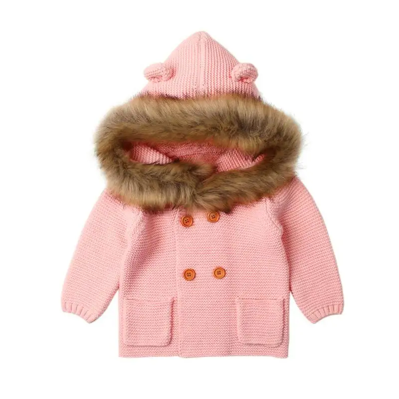 Вязаный кардиган для маленьких мальчиков зимние теплые для детей детские свитера однотонные свитера пальто с капюшоном и длинными рукавами детская одежда - Цвет: Синий