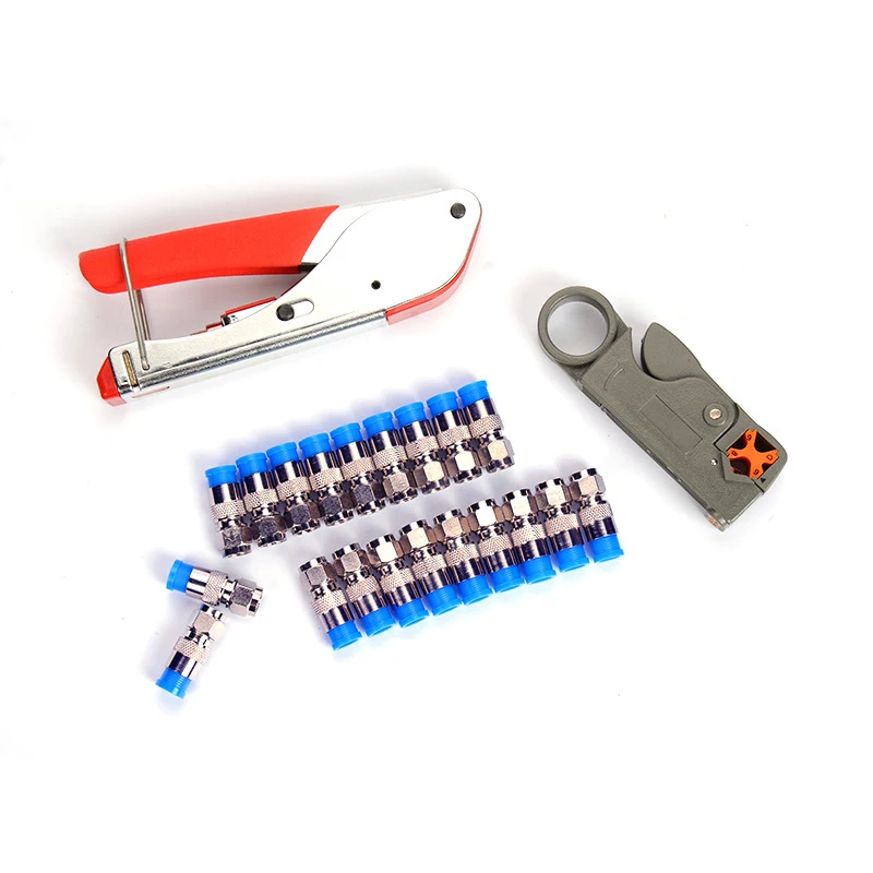 

Coax Cable Crimper 20pcs Blue F Connectors for Cable TV Video Compression Tool Kit Wire Stripper with F RG6 RG59 Connectors