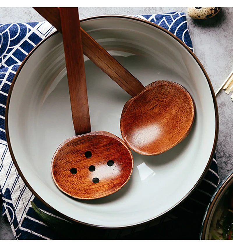 2Pcs Wooden Spoons Large Wood Spoon Set Japanese Style Ramen Soup Ladle Tablespoon Long Handled Kitchen Strainer Spoon Tableware (7)