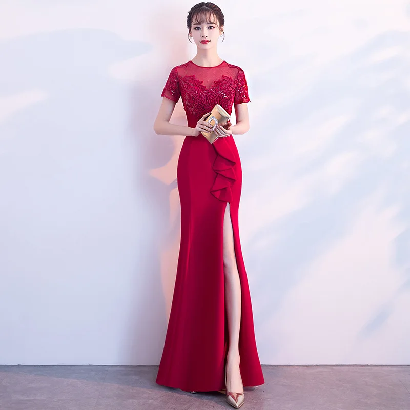 Бордовый тонкий Cheongsam пикантные длинное Ципао вечернее платье платья для вечеринок халат Orientale Китайская традиционная для женщин Чино
