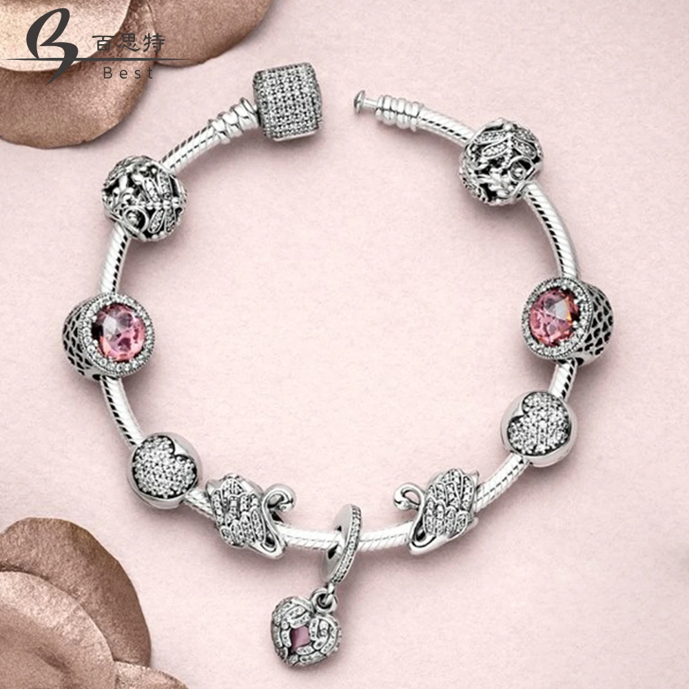 

BEST 100% 925 Sterling Silver Butterfly Radiant Hearts Beads Majestic Swan ANGEL WINGS LOCKET HANGING CHARM Bracelet Set