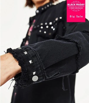 

Fashion Jacket Women 2019 Jaqueta Feminina Long Sleeve Black Rivet Single Breasted Button Casual Ladies Femme Denim Jackets