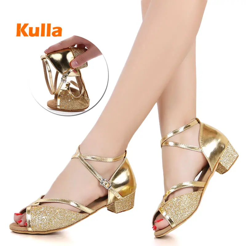 Kopen Kinderen Kids Latin Dance Schoenen Vrouwen Ballroom Tango Latin Salsa Dansen Schoenen Meisje Zilveren Gold Sequin Lage Hakken dansschoenen