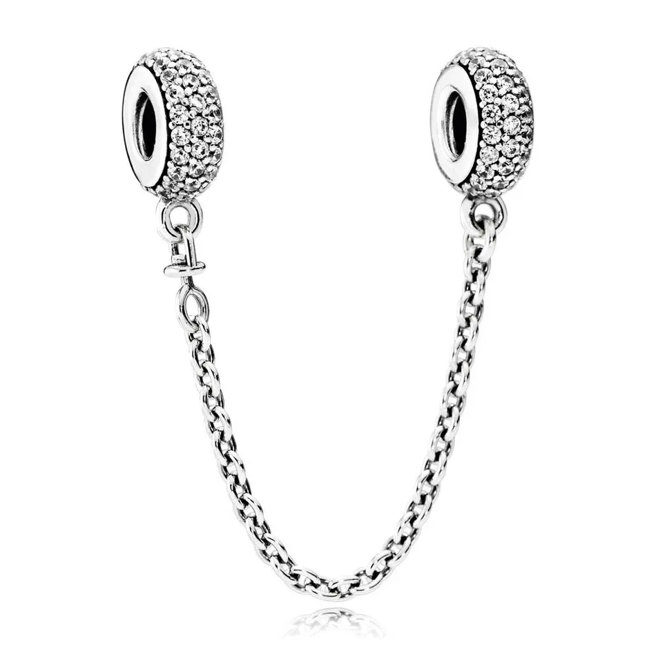 

S925 Silver DIY Jewelry Pave Inspiration Safety Chain fit Pandora Bracelets & Bangles Pave Crystals Clear CZ Lady Hearts Charms