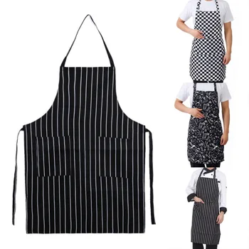 

Kitchen Unisex Aprons Adjustable Black Stripe Bib Apron With 2 Pockets Chef Kitchen Cook Tool For Man Woman