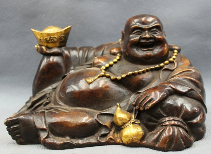 

S4479 9" Chinese Bronze Gilt Buddhism Folk YuanBao Gourd Happy Maitreya Buddha Statue D0317