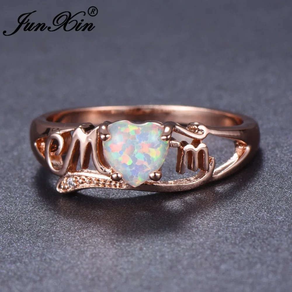 

JUNXIN Unique MOM Letter Ring Elegant Heart White Fire Opal Jewelry Vintage Rose Gold Filled Rings For Women Mothers Day Gift