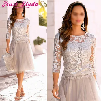 

2018 Newest Short Mother Of The Bride Dresses Lace Tulle Knee Length 3/4 Long Sleeves Mother Bride Dresses Short Prom Dresses