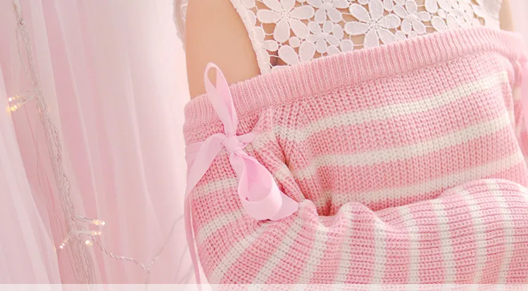 Pink, Navy blue Striped Off shoulder Dobby Lace Knitted Tops Lace up Soft sister Mori girl Sweet Cute 2017 Autumn Women Sweater