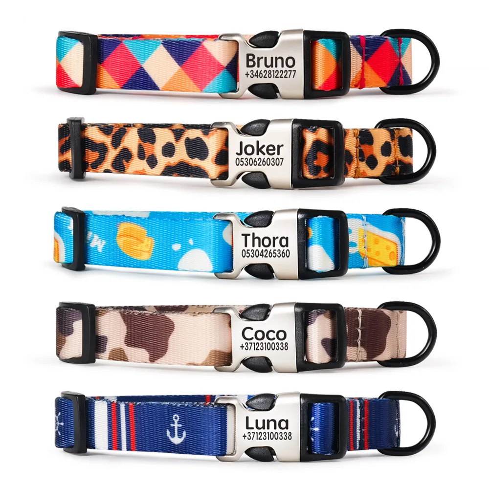 

Fashion Print Personalized Engraved Name Dog Collar Leash Custom Puppy Pet Collars ID Tag for Small Medium Large Big Dogs