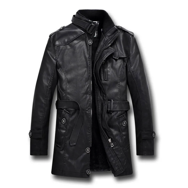 Brand Winter Leather Jacket Men Mid-long Thick Warm Wool Liner Leather Coat Men With Sashes Moto&Biker Elegant Men Jacket