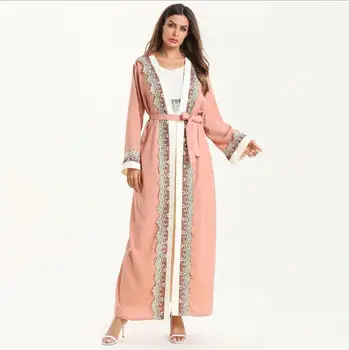 

Fashion Muslim cardigan abaya islamic clothing female lace sticthing dubai kaftan robe dress turkish abaya with belt wq1097