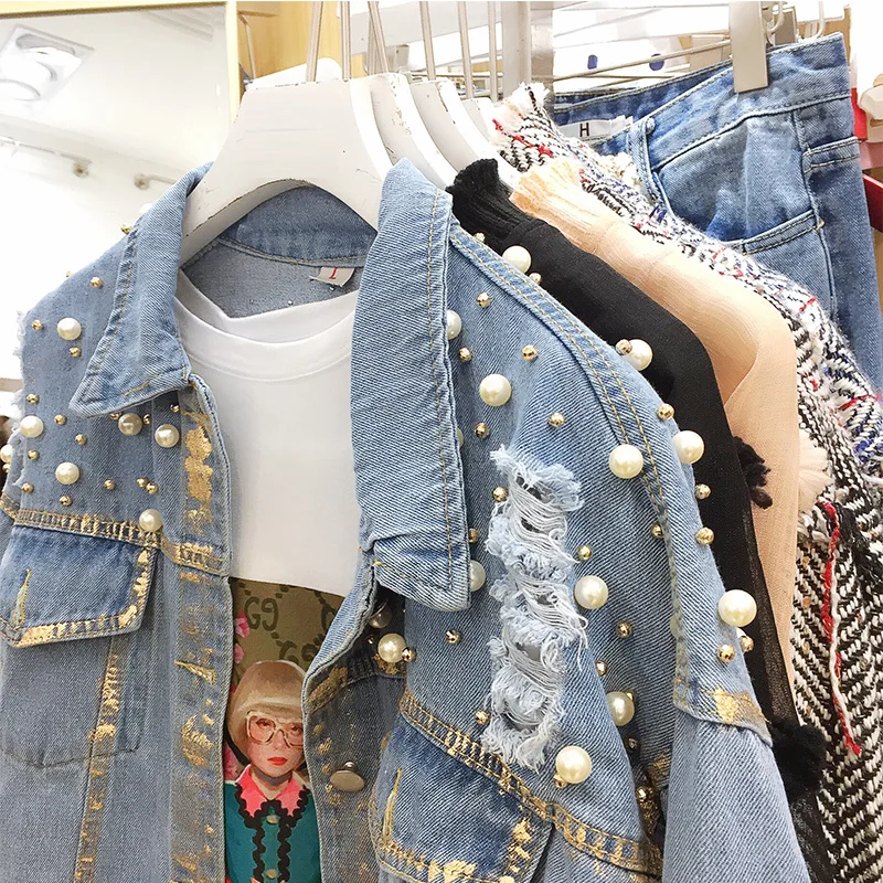 2018 Spring BF Style Women Basic Coats Women Denim Jacket Pearls Beading Jeans Coat Loose Long Sleeve jeans jacket women 2018 Spring BF Style Women Basic Coats Women Denim Jacket Pearls Beading Jeans Coat Loose Long Sleeve jeans jacket women