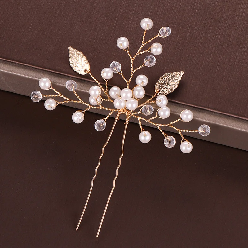 Gold Pearl Tiara Hairpin Clip Crystal Rhinestone Hair Jewelry For Women Flower Handmade Headband Wedding Bridal Hair Accessories