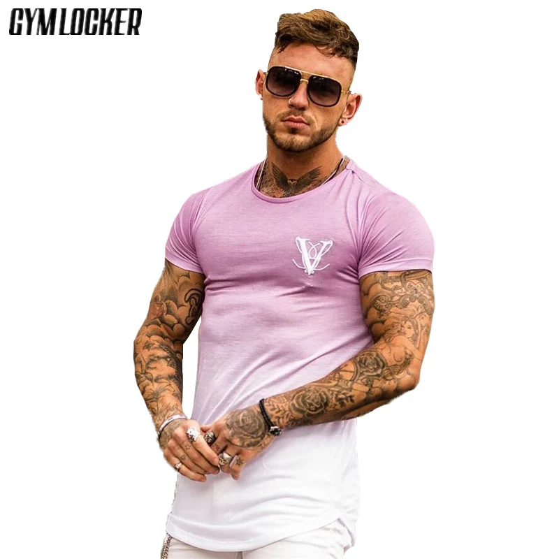 

GYMLOCKER fashion Tight bodybuilding Short-sleeved T-shirt men Gradient Quick drying Casual male t-shirt gyms slim fit clothing