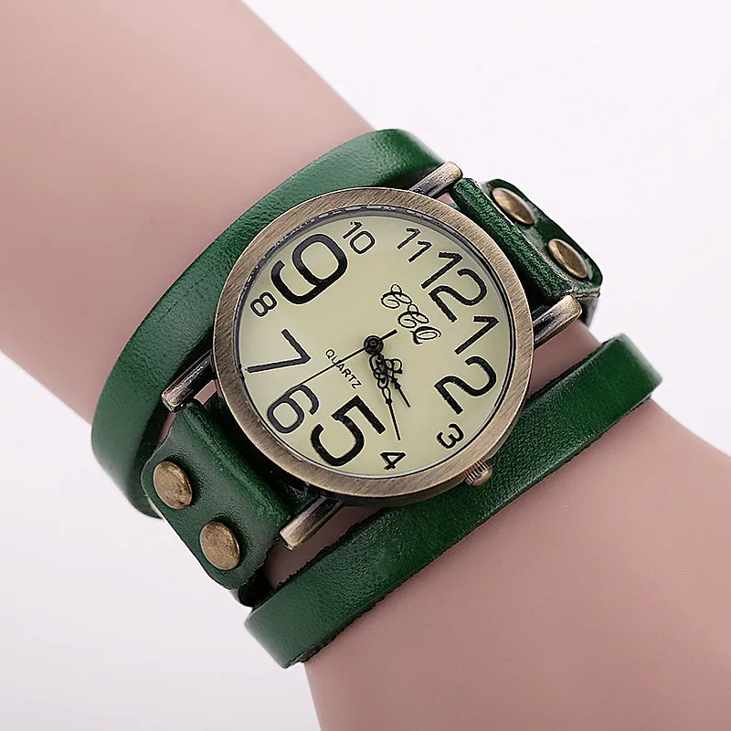 CCQ брендовые Популярные антикварные часы с кожаным браслетом винтажные женские наручные часы модные кварцевые часы унисекс Relogio Feminino - Цвет: Зеленый