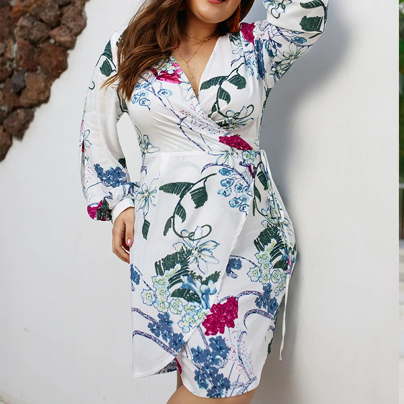 

Plus Size Women Summer Floral Printed Dress Long Sleeve Dress Boho Style Autumn Print Big Size 4XL Party Dresses Black A001
