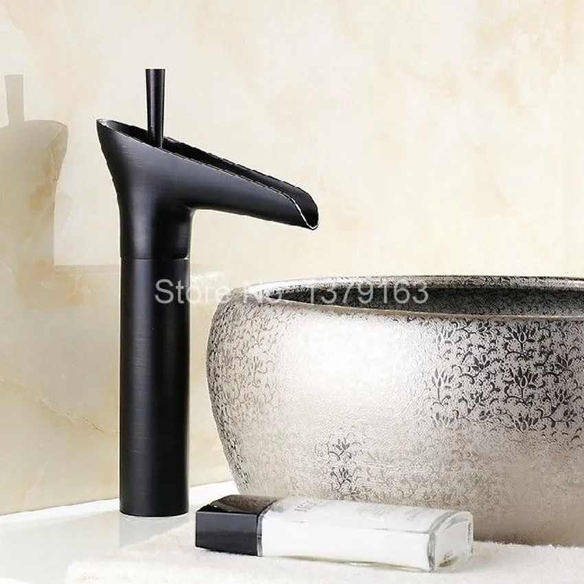 Single Hole Black Oil Rubbed Brass Waterfall Style Single Handle Lever Bathroom Vessel Sink Basin Faucet Mixer Water Tap ahg036