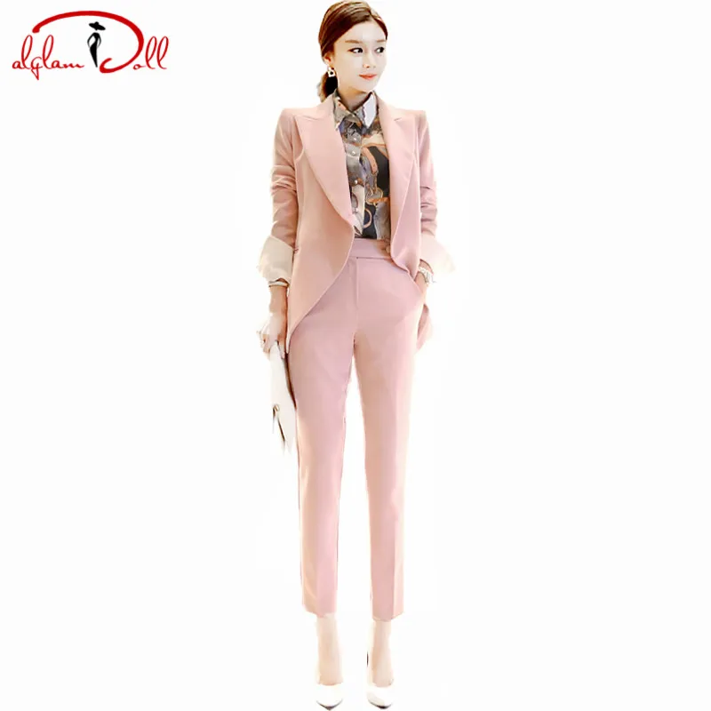 

2019 Women Clothing Autumn Suits Full Sleeve Blazer Coat Long Pant Solid Pink Slim OL Office Work Two Pieces Sets