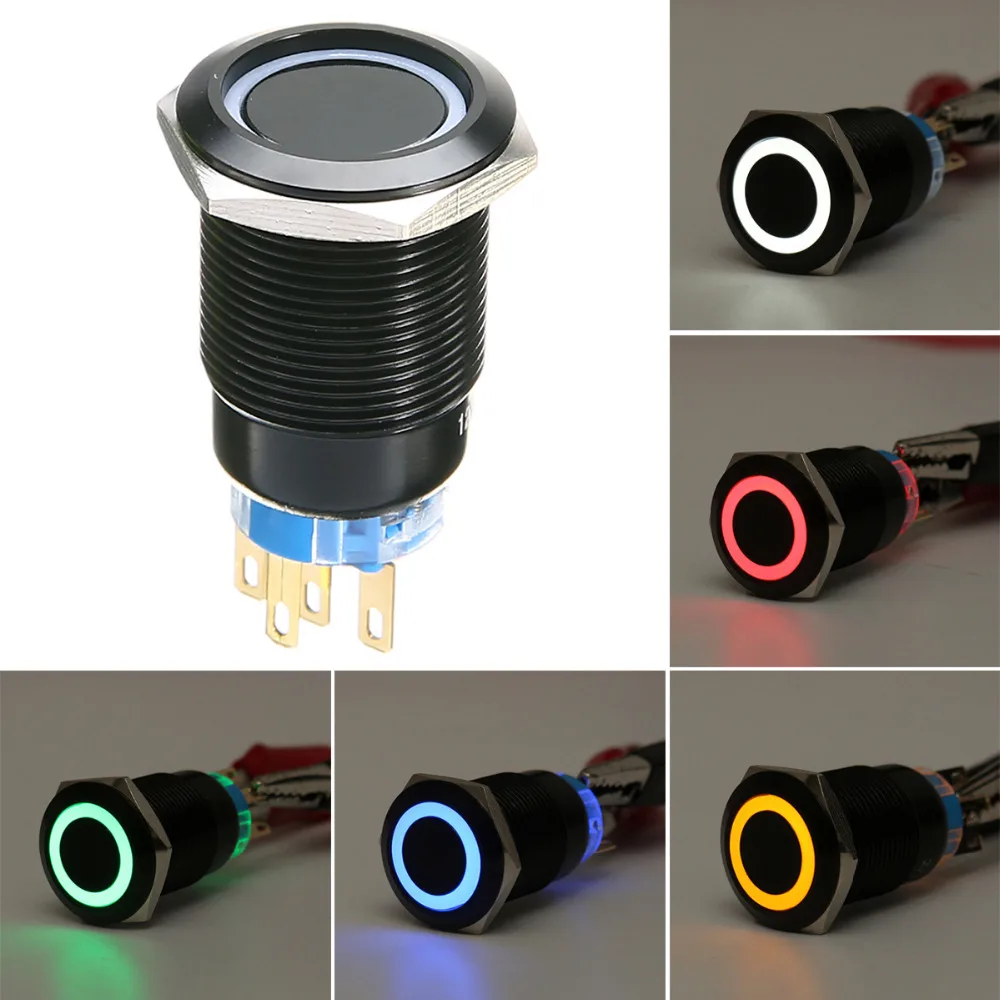

1pc 12V 19mm Black 5 Pin Led Illuminated Metal Push Button Latching Switch Waterproof 1NO 1NC Switches for Outdoors Use Mayitr