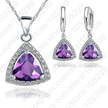 

Hot Fashion Muliple Colors Triangle Crystals Jewelry Sets For Women 925 Sterling Silver Necklace Pendants Earrings