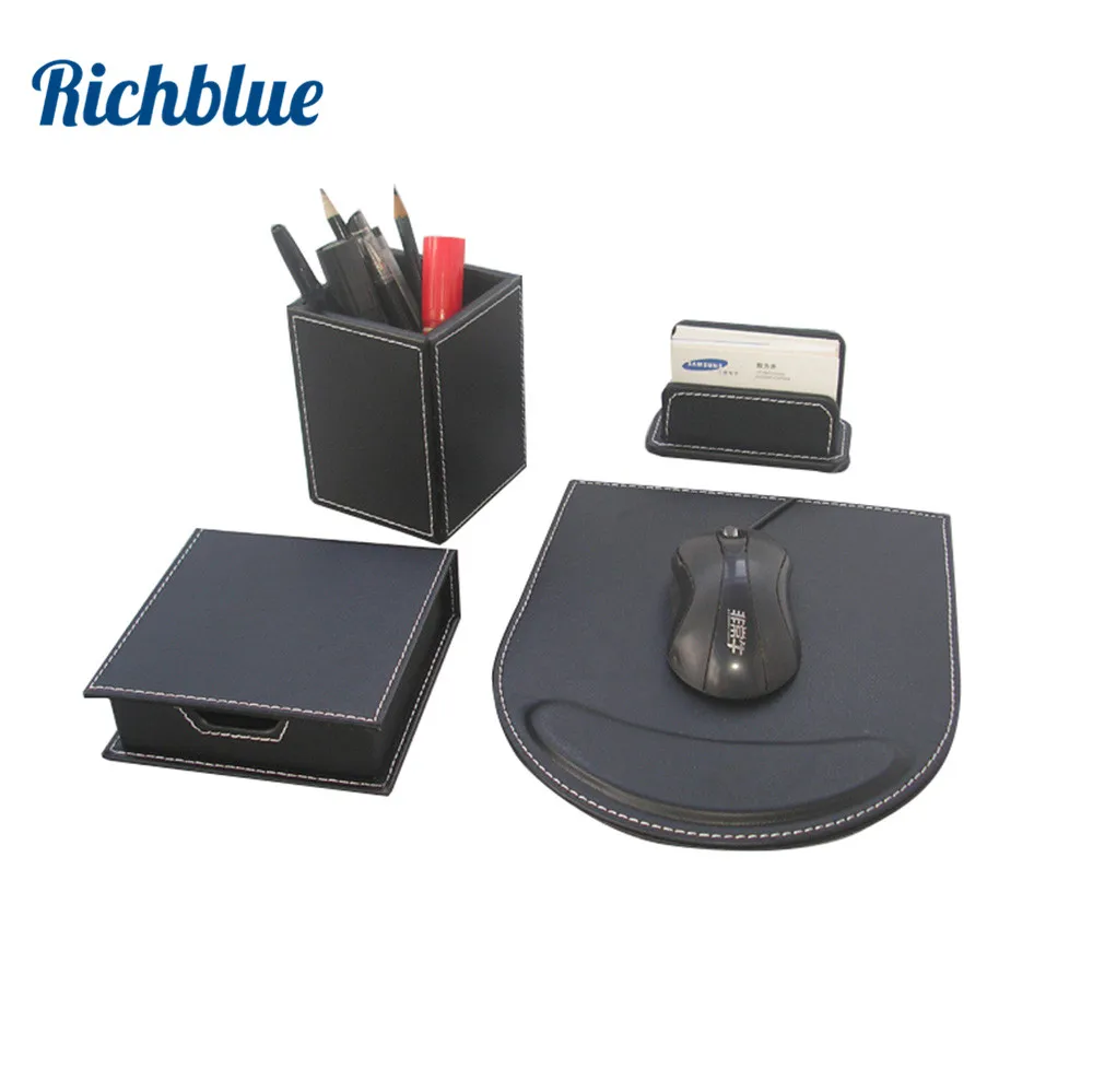 Ever Perfect 4PCS Set Wood Black Leather Stationery Desk Set Organizer Pen Holder Box Note Case