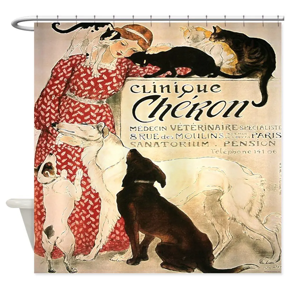 Vintage French Cat Dog Decorative Fabric Shower Curtain For Bathroom