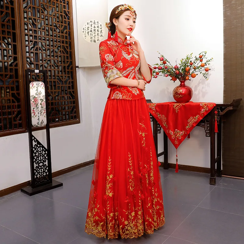 Красное свадебное платье традиционное китайское Qipao Национальный костюм для