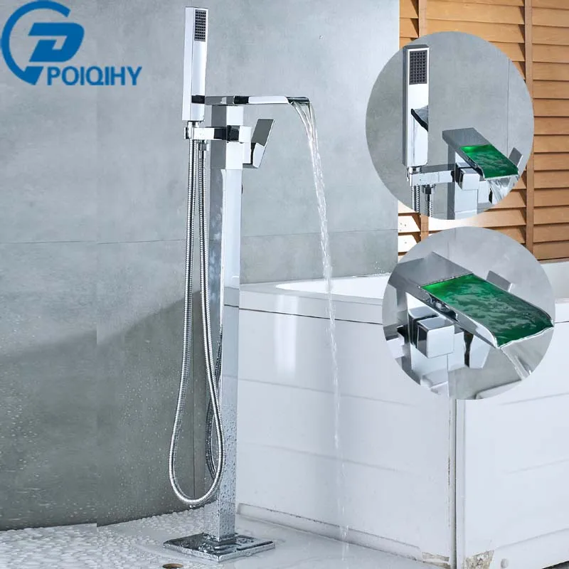 Bathtub Faucet LED Light Chrome Floor Stand Faucets Standing Floor