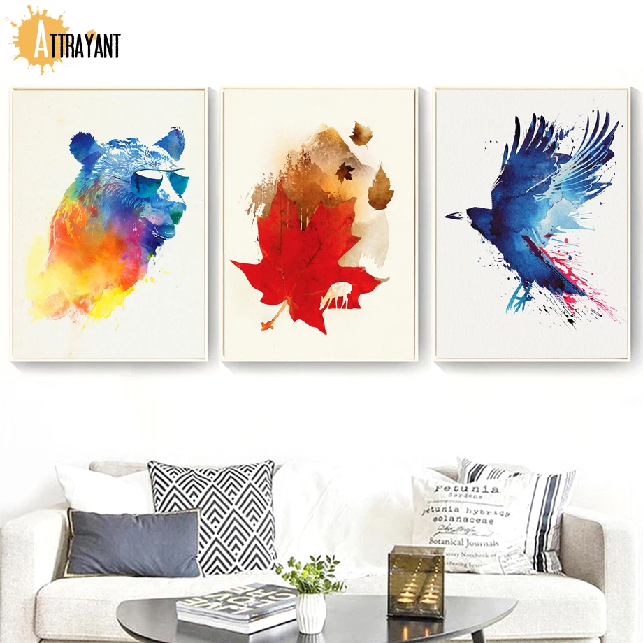 

Abstract Watercolor Bear Eagle Maple leaf Wall Art Canvas Painting Nordic Posters And Prints Wall Pictures For Living Room Decor