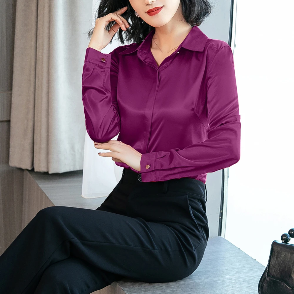 

2019 New Arrival Casual Satin Shirts Silk Blouses Long Sleeved Lapel Button Woman Cardigan Tops Stretch Satin Shirt