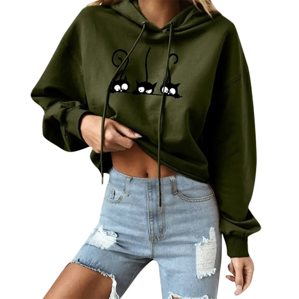 

hoodies hoodie shein Women's sweatshirt polyester Cat Print Solid Long Sleeve Hoodie Sweatshirt Hooded Pullover Tops Blouse Z4