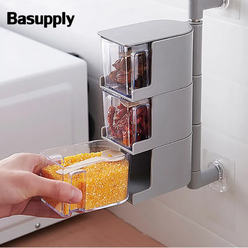 

Basupply 1Pc Seamless Rotating Seasoning Box Condiment Storage Bins Spices Box Wall Hanging Rotating Kitchen Accessories
