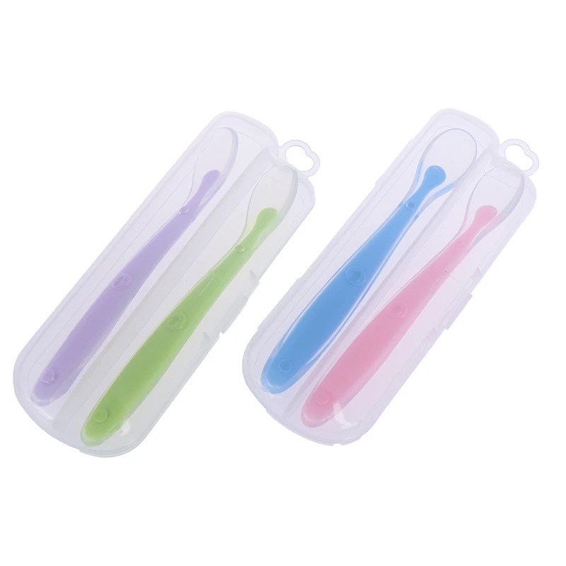 2PCS Baby Girls And Boys Silicone Non-sticky Feeding Spoon Mummy Safe Soft Feeding Baby Eating Soft Patchwork Spoon Solid Color