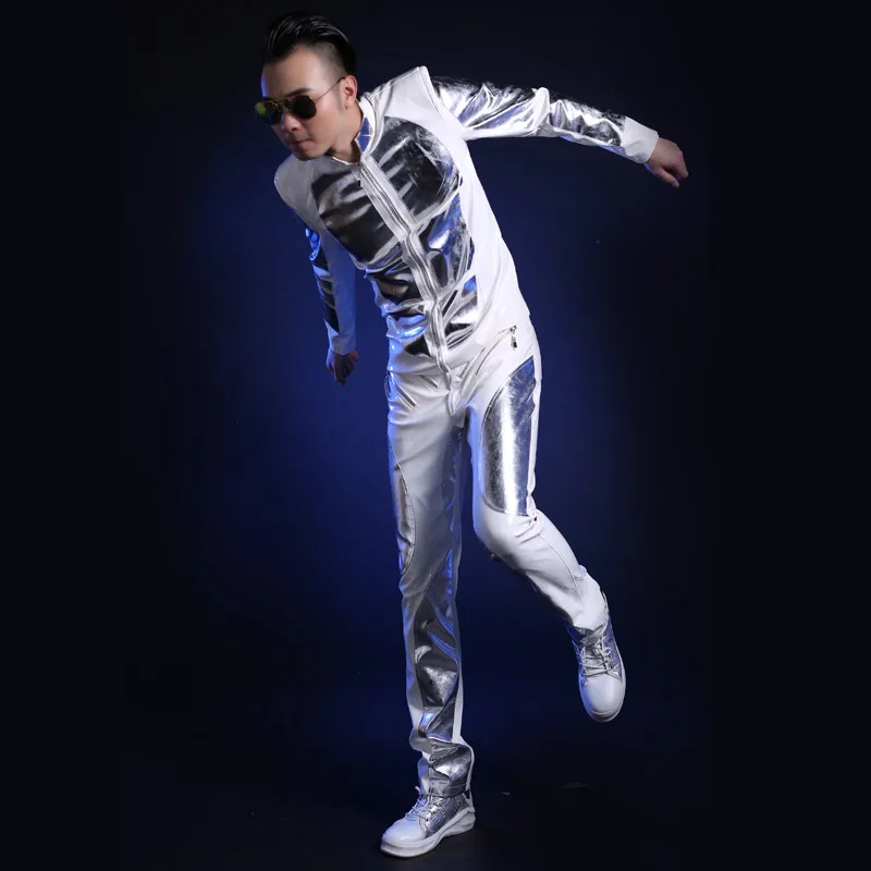 New Bar Performance Costume Men Nightclub Nights DS White Patent Leather Stage Costume Men04