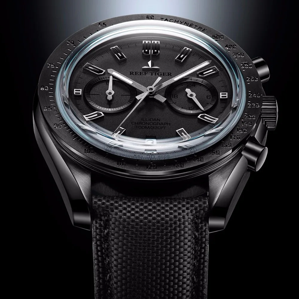 

2019 reef tiger / RT men Designer chronograph watch with Newest Nylon luminous wristband Sport watch male black pilot watch RGA3