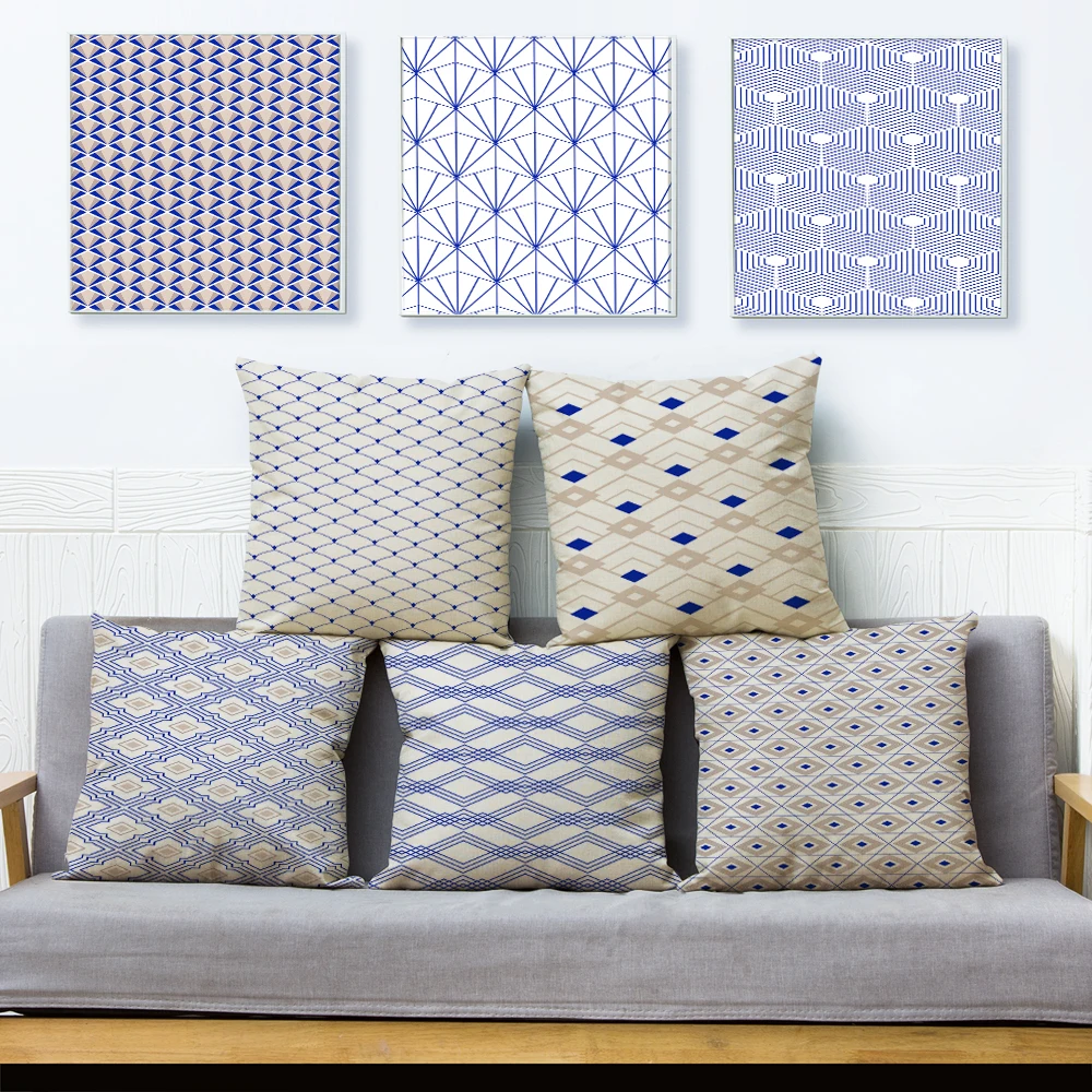 

Nordic style Geometric Blue Plaid Print Cushion Cover Linen Pillow Covers 45*45 Pillows Cases Home Decor Pillowcase