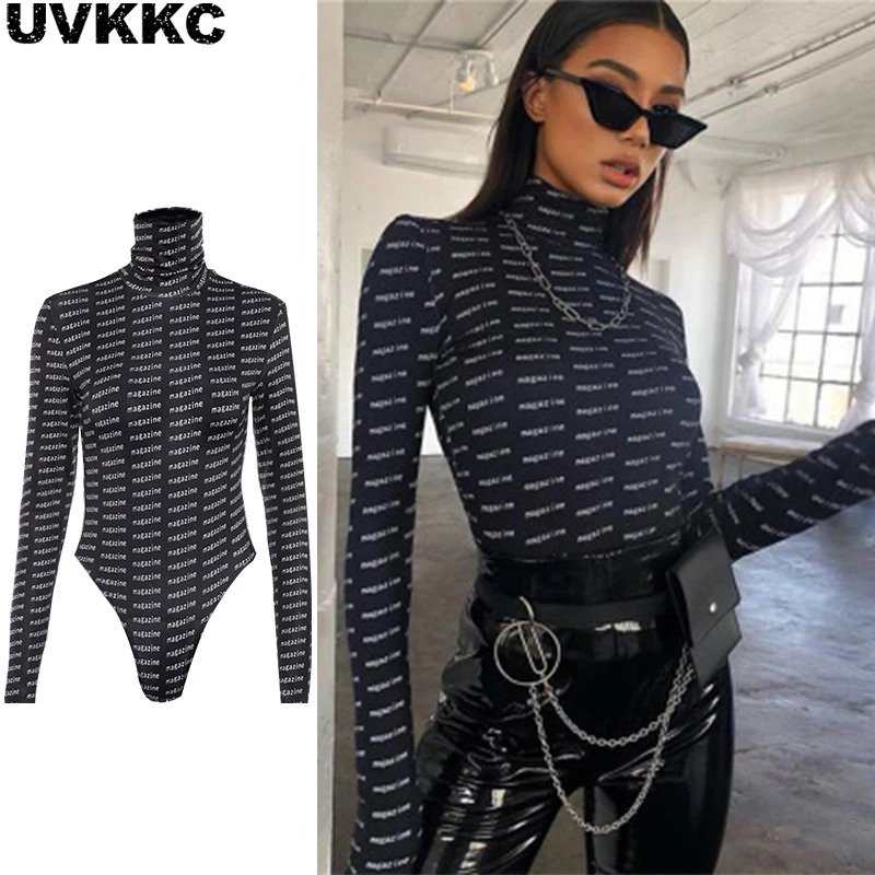 

Uvkkc Women Bodysuits 2019 Spring Fashion Female Romper Print Letter TurtleNeck Thin Long Sleeve Casual Black Bodysuit For Women