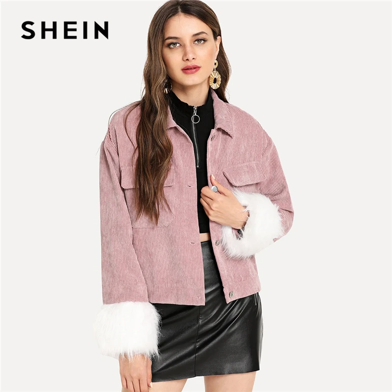 Buy SHEIN Pink Casual Contrast Faux Fur Detail Corduroy Single Breasted Button