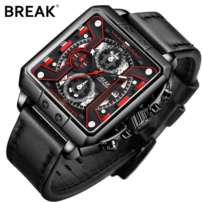

BREAK Original Watch Men Top Brand Luxury Quartz Military Watches Man Square Leather Male Wristwatch Men Clock Relogio Masculino