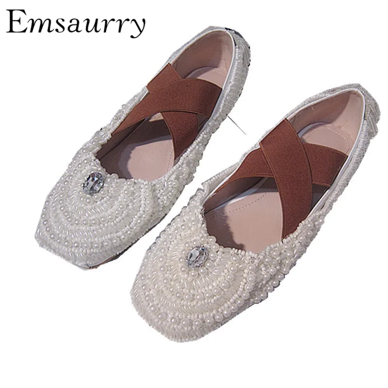 

Luxury String Bead Ballet Flats Cross Elastic Band Low Fronted Diamond Soft Casual Flat Shoes Woman