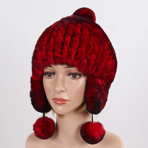 New Winter Russian Women Natural Rex Rabbit Fur Pompoms Hat Lady Thick Warm Real Rex Rabbit Fur Bomber Hats Knitted Outdoor Cap - Цвет: red black